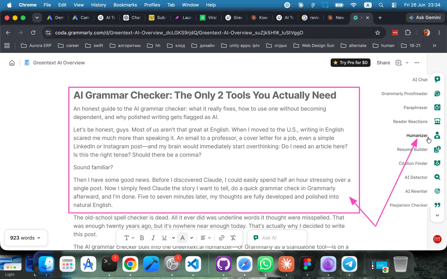 This article open in the Grammarly editor with the Humanizer tool highlighted in the sidebar.