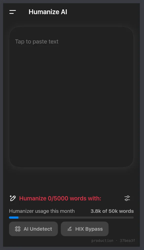 The Greentext.ai humanizer on mobile, ready to paste and humanize up to 5,000 words.